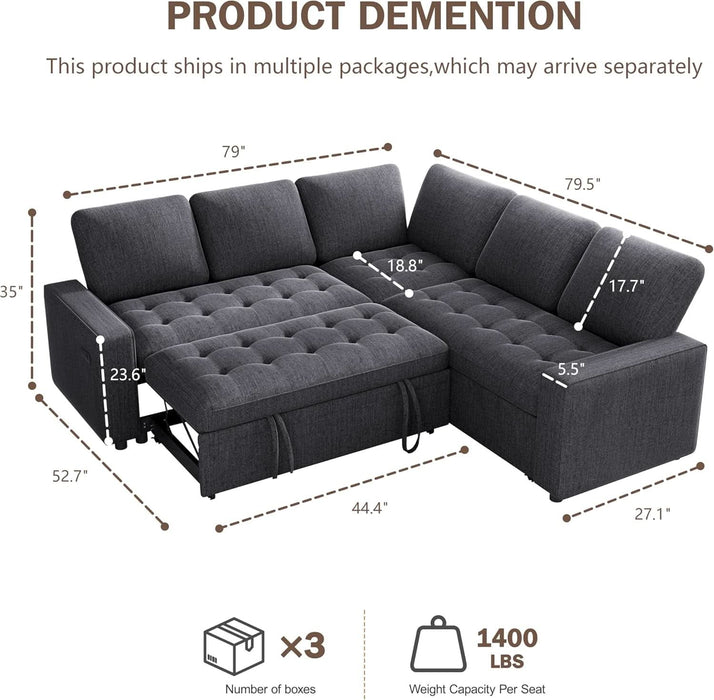 85 Inch Modular Sectional Sofa with Pull Out Bed, Chenille L Shaped Sectional Sofa with USB Ports/Reclining Backrest/Storage Seats, Tool-Free Assembly, Sofa Couch for Living Room Dark Grey