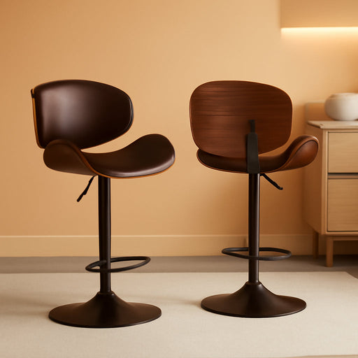 Bar Stools Set of 2, Adjustable Height 24-33'' Swivel Bar Chairs | PU Leather Upholstered Barstools with Removable Back for Kitchen Island Dining Room, Brown