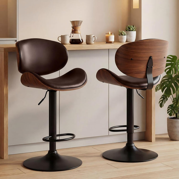 Bar Stools Set of 2, Adjustable Height 24-33'' Swivel Bar Chairs | PU Leather Upholstered Barstools with Removable Back for Kitchen Island Dining Room, Brown