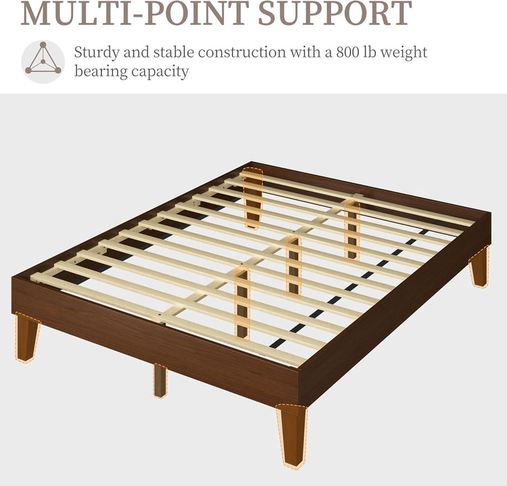 Queen Bed Frame Natural Solid Wood Platform Bed with Wooden Slats Support, 7.3-Inch Underbed Space for Storage, Noise-Free Design, Easy Assembly, Dark Walnut Finish
