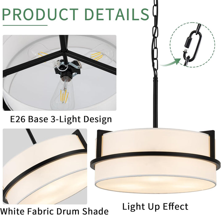 PureWhite Linen Drum Pendant Chandelier 15.7Inch Wide