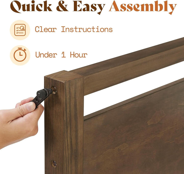 Queen Size Solid Wood Bed Frame with Headboard, Minimalist Platform Bed with Wooden Slats Support/No Box Spring Needed/Easy Assembly/Noise-Free, Dark Brown