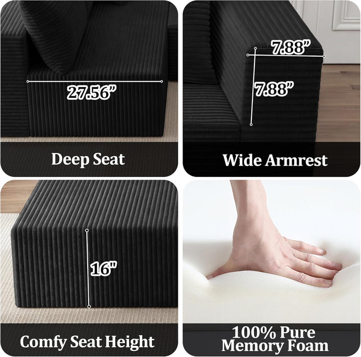 Black 92.5 Inch Modular Sectional Sofa Convertible