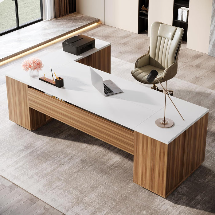 85Point8Inch L-Shaped Executive Desk White Walnut StorageCabinet