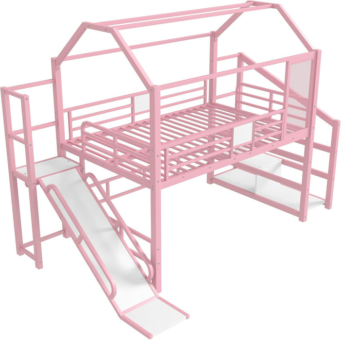 House Loft Bed Full Size, Full Size Loft Bed with Storage Stairs and Open Wardrobe, Heavy Duty Loft Beds with Slide for Girls, Boys, Noise-Free Design Pink