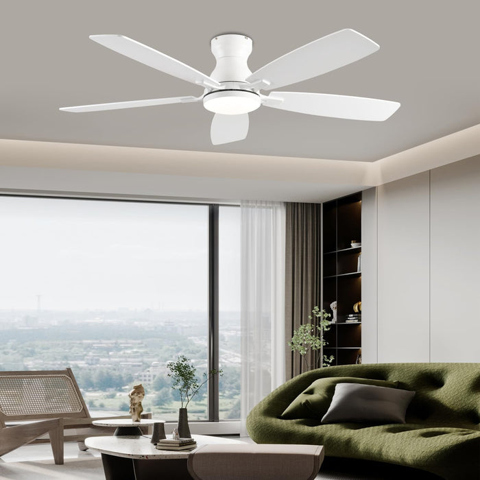 52Inch Ceiling Fans with Lights, Low Profile Ceiling Fan with Light and Remote Control/App Control, DC Reversible Motor, Noiseless, Flush Mount White Ceiling Fan for Bedroom, Indoor/Outdoor Use