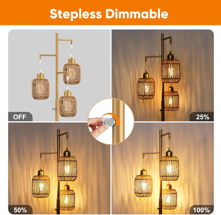 Dimmable Boho Floor Lamp - 3 Light Farmhouse Rattan Floor Lamp for Living Room, Industrial Tree Floor Lamps with 3 X 6W LED Bulbs, Rustic Standing Tall Lamp for Bedroom, 68", Gold