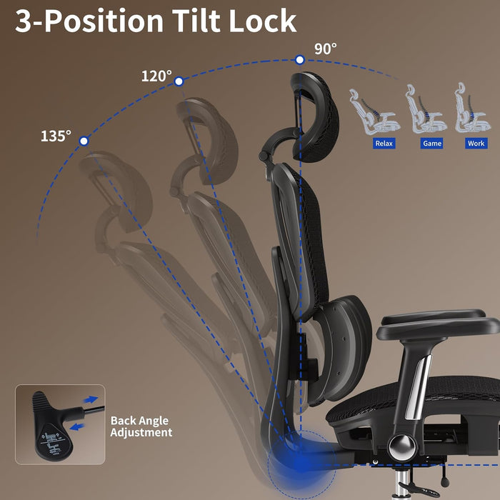 Mesh Office Chair Breathable, Office Chairs, Desk Chair with Adjustable Lumbar Support, Computer Chair, 5D Flip-Up Armrests, 330Lbs Capacity, Tilt Lock, 3D Headrest