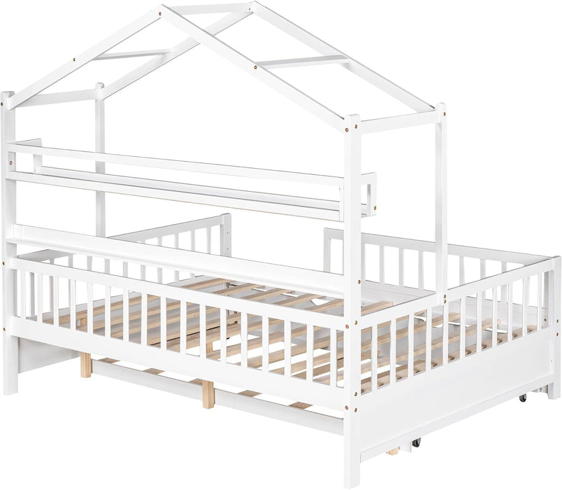 FullSize White Wooden Playhouse Trundle Bed Storage