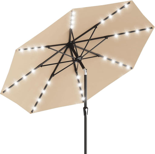 10 Ft Patio Umbrella with Solar Lights, 8 Ribs Outdoor Market Table Umbrella with 40 LED Lights & Tilt Crank for Pool, Deck, Backyard (Tan)