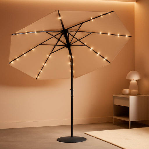 10 Ft Patio Umbrella with Solar Lights, 8 Ribs Outdoor Market Table Umbrella with 40 LED Lights & Tilt Crank for Pool, Deck, Backyard (Tan)