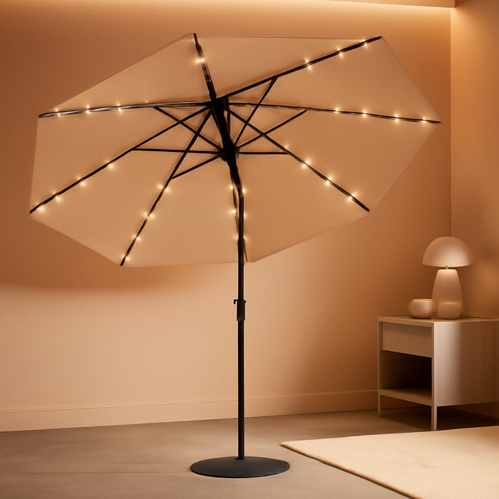 10 Ft Patio Umbrella with Solar Lights, 8 Ribs Outdoor Market Table Umbrella with 40 LED Lights & Tilt Crank for Pool, Deck, Backyard (Tan)