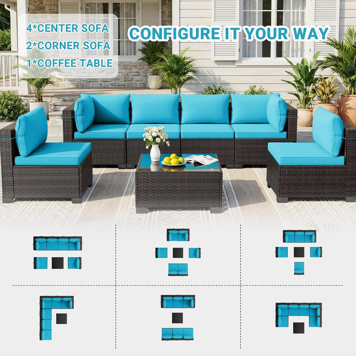 7-Piece Outdoor Patio Furniture Sets, Manual Weaving Rattan Conversation Sectional Sofa with Tempered Glass Coffee Table, All-Weather PE Wicker & Thick Cushions for Garden, Backyard, Porch