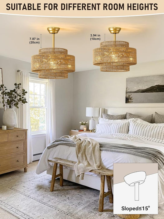 20 Inch Boho Rattan Fandelier Ceiling Fans with Lights and Remote Control