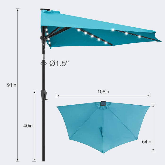 9 FT Solar Half Patio Umbrella with 25 LED Lights, Half Outdoor Umbrella with Button Tilt, Half round Table Umbrella for Deck, Backyard, Balconies, Decks, Rvs, UV Protection (Aqua Blue)