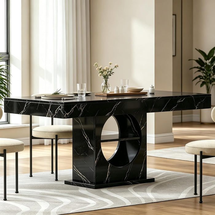 Dining Table for 4-6 People, 55 Inches Dinner Table with Drawers and Open Storage, Wooden Pedestal Base, Rectangular Farmhouse Kitchen Table for Kitchen, Living Room (Marble Black)