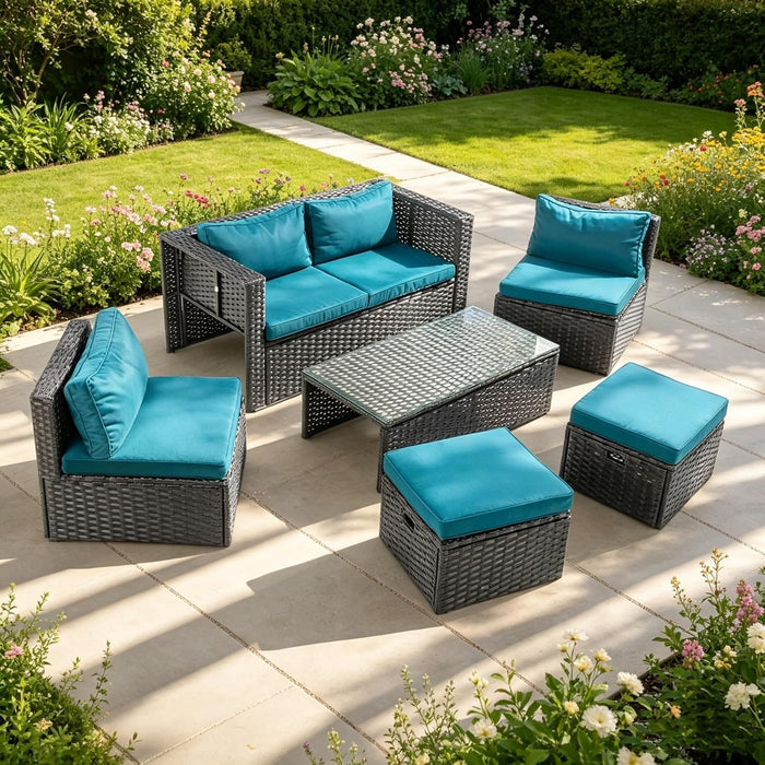 6-Piece Patio Conversation Set with Storage Coffee Table, Peacock Green