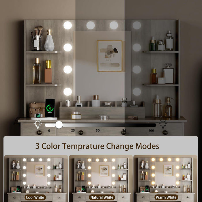 Grey Vanity Desk With Mirror LED BuiltInChargingStation