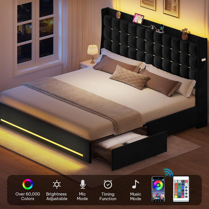 King Size Bed Frame with 4 Drawers and RGB LED Lights, Velvet Upholstered Platform Bed with Charging Station and Storage Headboard, No Box Spring Needed, Easy Assembly, Noise-Free, Black