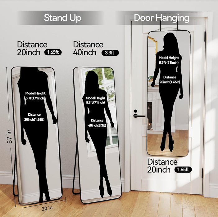 57X20 Door Hanging Full Length Mirror, Floor Stand (Height 5.7Ft Just Body In1.3Ft) Wall Mounted Metal Frame Rectangle Dressing Mirrors for Bedroom Living Room 57 Inch Black