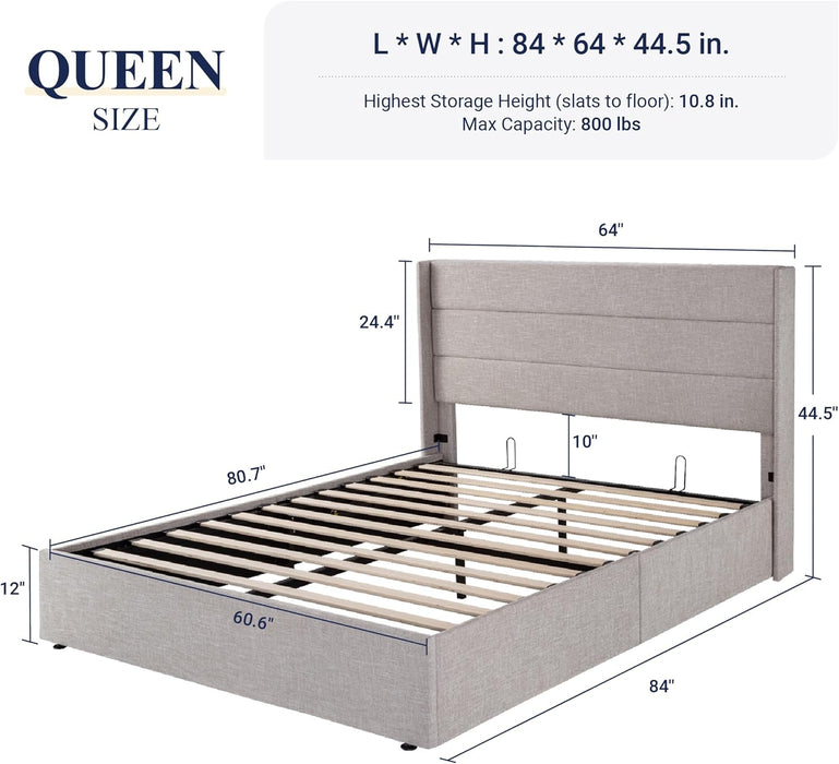 Queen Size Lift up Storage Bed, Modern Wingback Headboard, Hydraulic Support, No Box Spring Needed, Light Beige