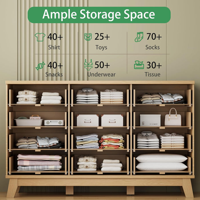 Fluted Dresser for Bedroom with 12 Drawers, 57" Wide Modern Chest of Drawers with Metal Handle, Wooden Dresser TV Stand, Wood Closet Clothes Storage Organizer for Living Room, Hallway, Natural Oak