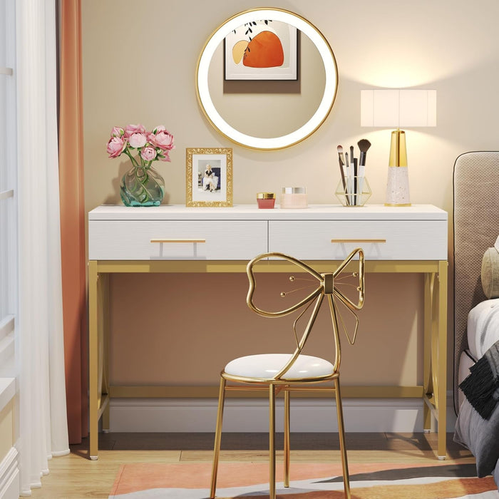 Modern Computer Desk with 2 Drawers, 41 Inches Study Writing Office Desk for Home Office, Bedroom, Makeup Vanity Table Desk with Gold Metal Frame, White & Gold