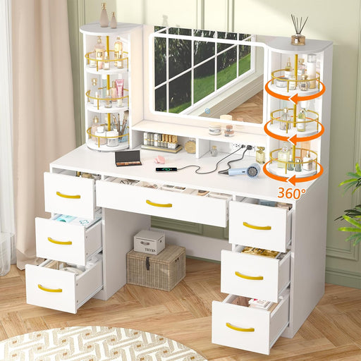 Vanity Desk with Mirror and Lights, White Makeup Vanity Table with 360° Roating Shelves, Large Vanity Desk with 7 Drawers, Power Outlet, Dressing Table Set with Lighted Mirror Adjustable, for Bedroom