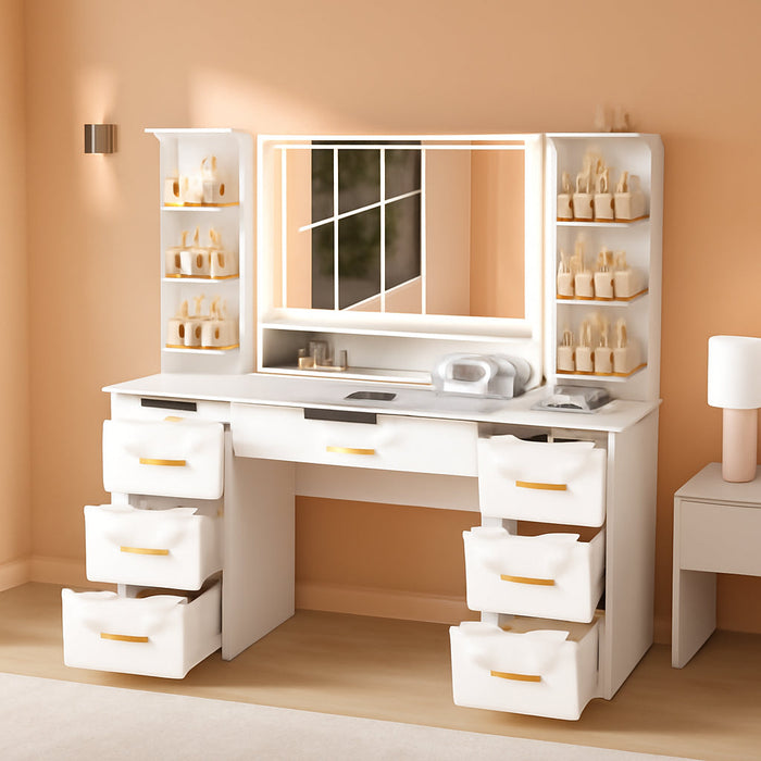 Vanity Desk with Mirror and Lights, White Makeup Vanity Table with 360° Roating Shelves, Large Vanity Desk with 7 Drawers, Power Outlet, Dressing Table Set with Lighted Mirror Adjustable, for Bedroom