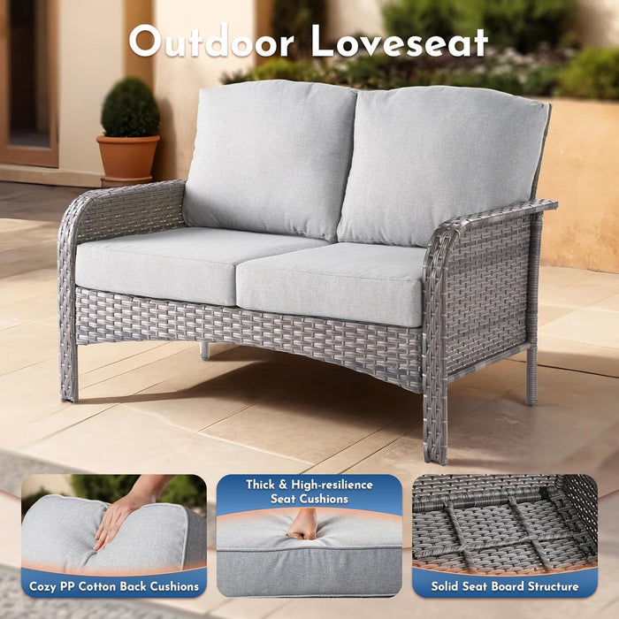 icker Patio Furniture Set with Swivel Rocker Chairs Outdoor Loveseat Sofa and Rattan Coffee Table, 5 Pieces Outdoor Conversation Sets for Patio Porch Deck Backyard Poolside, Light Gray