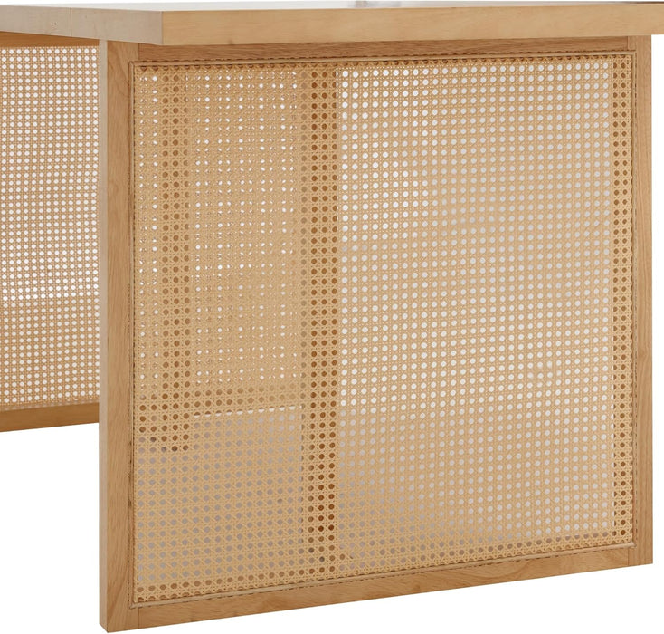 Willow Boho Dining Table for 6 with Solid Wood Legs, 6-Person Natural Wood Dining Table, Warm Pine or Brown Dining Table with Bohemian Rattan Accent