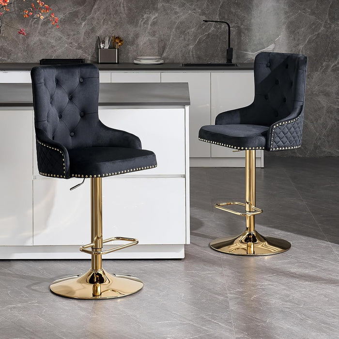 Velvet Gold Bar Stools Set of 2 Modern Counter Height Bar Stools with Lion Pull Ring Tufted Back, Nailhead Upholstered Barstools for Home Kitchen Island, Swivel Adjustable Stool Chair in Black