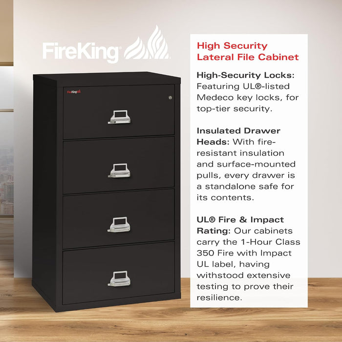 Lateral 4 Drawer Fire Rated File Cabinet, Black