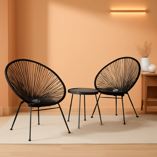 Outdoor Acapulco Chair Set 3-Piece with Glass Top Table, Lightweight All-Weather Woven PE Rope Patio Furniture, Modern Bistro Conversation Set for Patio, Garden, Poolside, Black