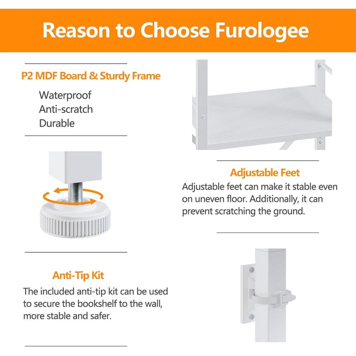 White Tall Bookshelf, Narrow Bookcase with 6 Shelves, Modern Freestanding Shelf Units, Metal and Wood Display Storage Corner Rack Organizer for Living Room, Home Office, Hallway, Bathroom