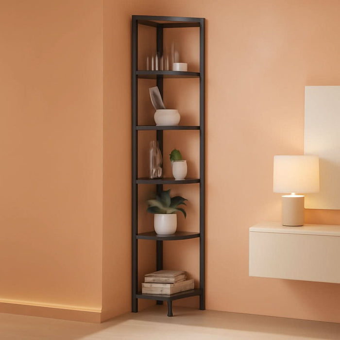 Corner Shelf Stand, Corner Bookshelf, Storage Standing Shelf Unit with Metal Frame, Plant Stand, Corner Bookcase for Living Room, Home Office, Bedroom, 6-Tier Black CS06006B