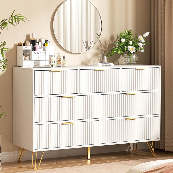White Dresser 47InchWide FlutedDrawersWithGoldPulls