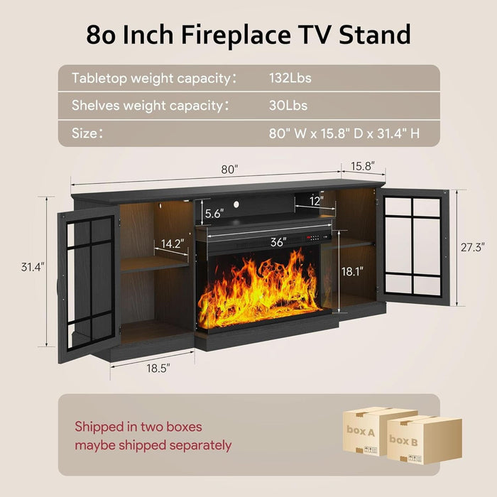 80" Fireplace TV Stand with 3-Sided Glass, TV Cabinet for Tvs up to 90", Modern Media Entertainment Center with Farmhouse Glass Door Storage Cabinets, for Living Room, Black