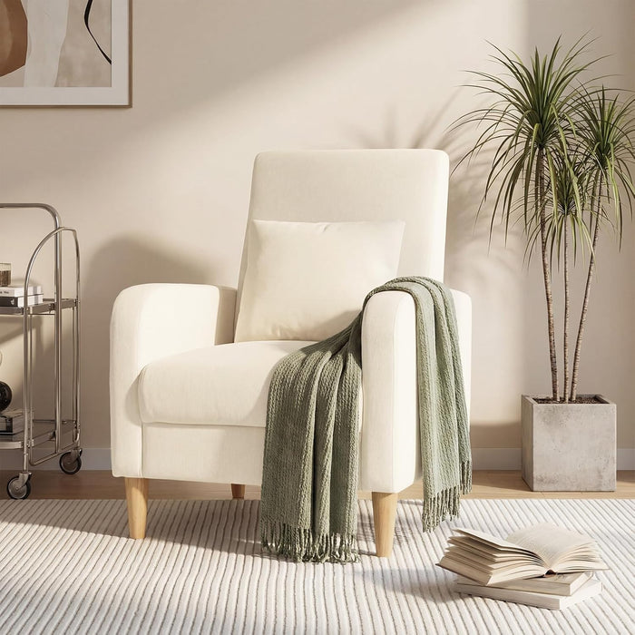 Beige Upholstered Accent Chair Featuring Lumbar Pillow