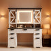 Farmhouse Makeup Vanity with Sliding Cabinets, White Vanity Desk with Lights Mirror and Power Outlet, Rustic Dressing Table with 4 Drawers&2 Storage Cabinets for Bedroom