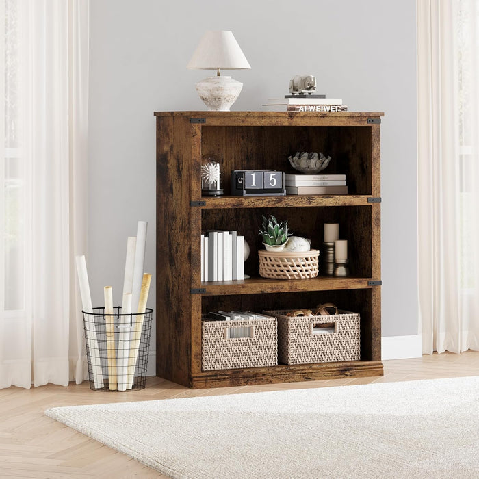 3 Tier Bookcase, Farmhouse Book Shelf with Storage, Low Book Case Wooden 3 Shelf Bookcase for Home Office, Living Room, Bed Room -Vintge | Low Book Case Wooden 3 Shelf Bookcase for Home Office, Living Room, Bed Room -Vintge