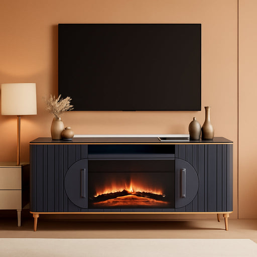 Fluted Fireplace TV Stand up to 80" Tvs, Modern Entertainment Center with 30" Electric Fireplace, Luxury Media Console with Adjustable Shelves for Living Room, Navy Blue