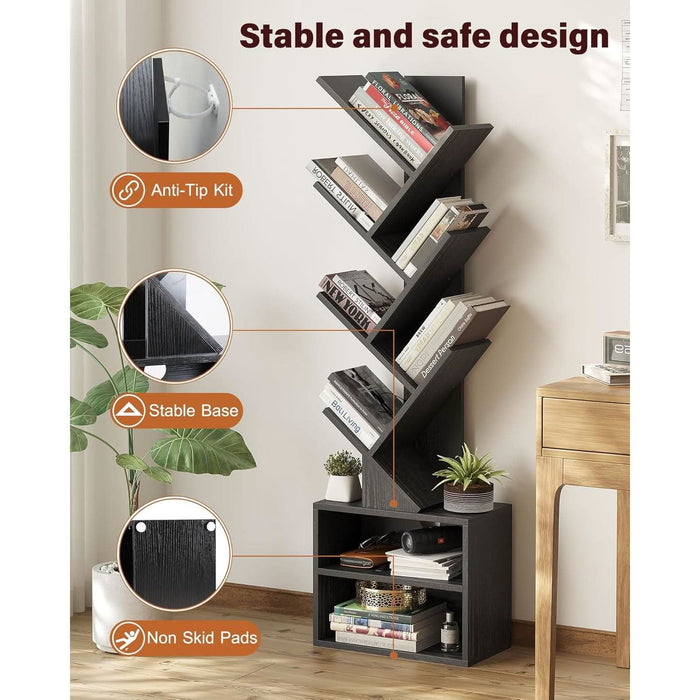6 Tier Tree Bookshelf, Small Bookcase with Storage Cabinet, Modern Narrow Bookshelves Organizer, Floor Standing Book Shelf for Bedroom/Living Room/Home Office/Corner, Black