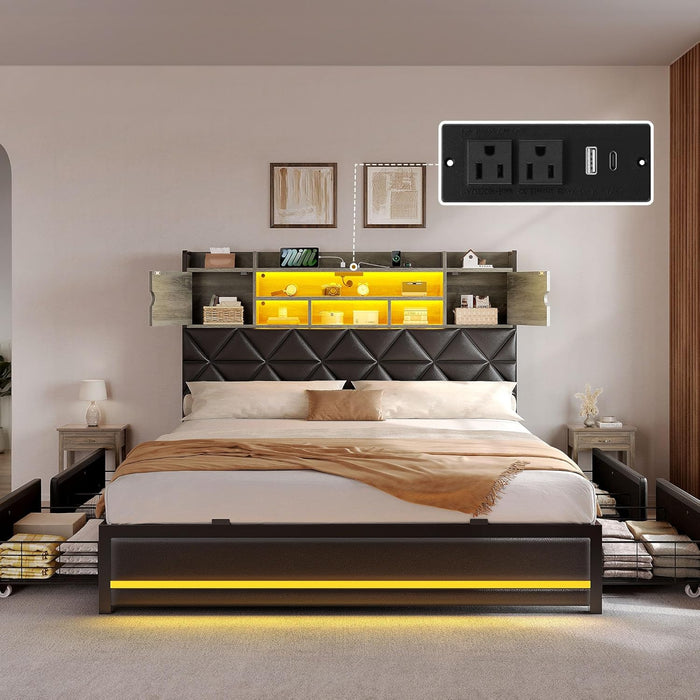 Queen Size Bed Frame with RGB LED Lights & Storage Bookcase Headboard, Upholstered Bed with Charging Station and 4 Drawers, No Box Spring Needed, Easy Assembly, Noise-Free, PU Leather Black