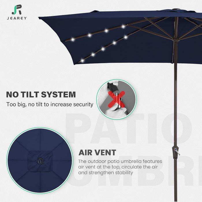 8X10 Ft Rectangular LED Lighted Patio Umbrellas Outdoor Solar Table Market Umbrella W/Crank, 8 Sturdy Ribs, UV Protection Waterproof Sunproof(Dark Blue)