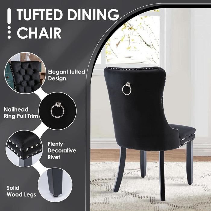 5 Pieces Modern Luxury Glass Dining Set, Minimalist Rectangle Dinner Room Set for 4, 47'' Black Glass Top Kitchen Table Set with Black Tufted Chairs, for Small Apartment Home