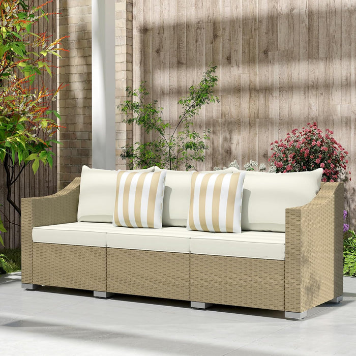 3 Seater Patio Sofa, Wicker Sofa with Cushions, Outdoor Furniture Rattan Couch with 2 Throw Pillows, Deep Seating, for Garden, Backyard, Porch, Cream White