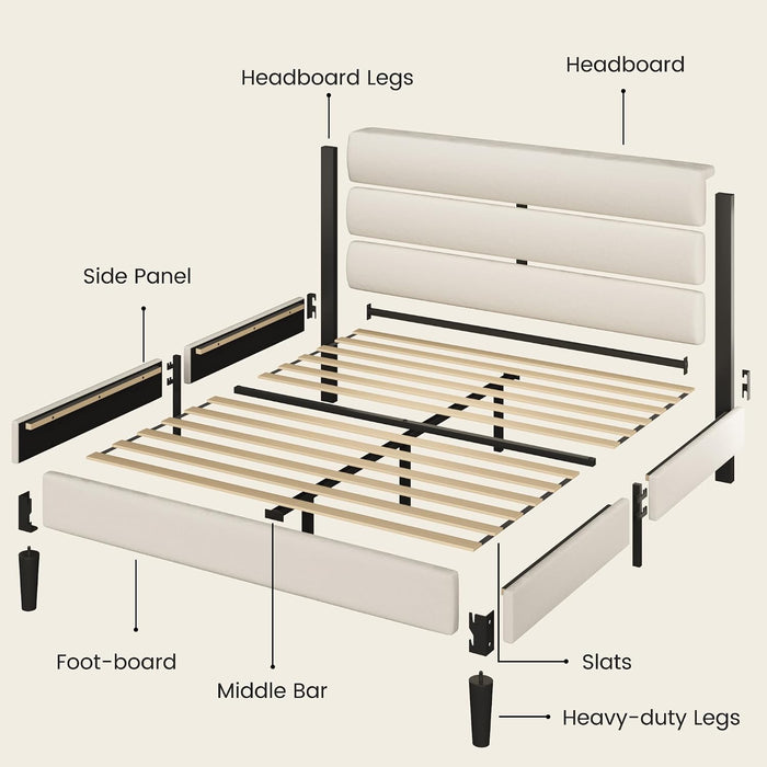 Queen Bed Frame, Platform Bed Frame with Velvet Upholstered Headboard, No Box Spring Needed, Sturdy Metal Support, Noise Free, Easy Assembly, Modern Bedroom Furniture, Beige