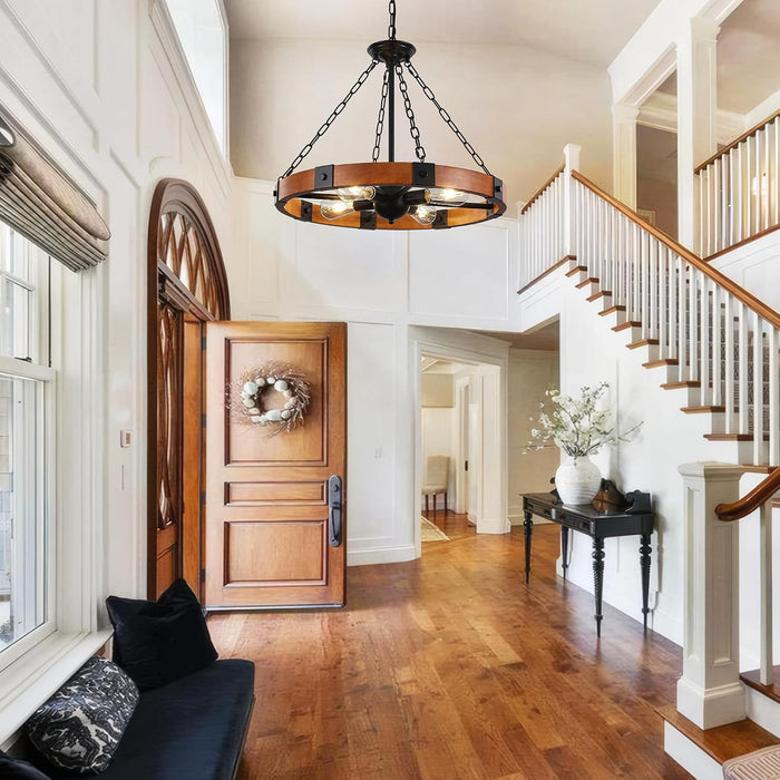 23.6 Inch Wood Wagon Wheel Chandelier 4-Light Farmhouse Chandelier