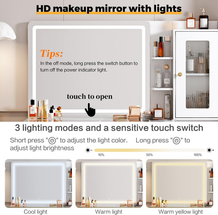 Vanity Desk with 29.53" HD Lighted Mirror, 47.24" Big Modern Vanity Desk with Mirror and Lights, Makeup Vanity with 5 Drawers and Storage Shelves and Charging Station, White